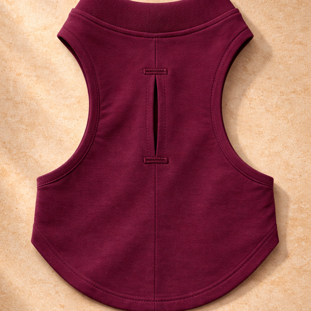 Burgundy dog t-shirt on a beige background