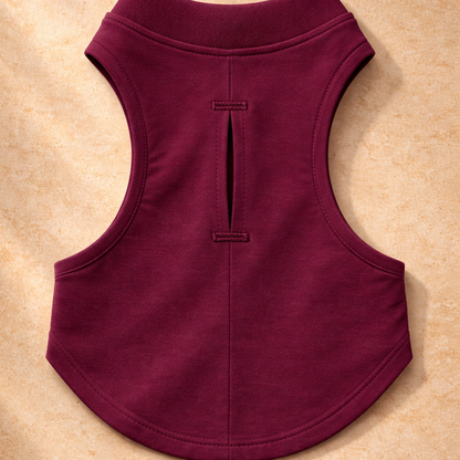 Burgundy dog t-shirt on a beige background