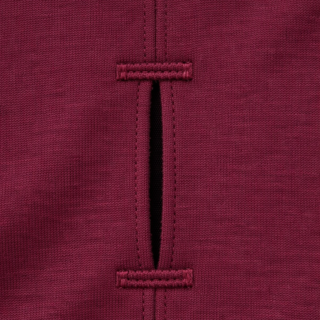 Close-up of a burgundy dog t-shirt with stitching detail