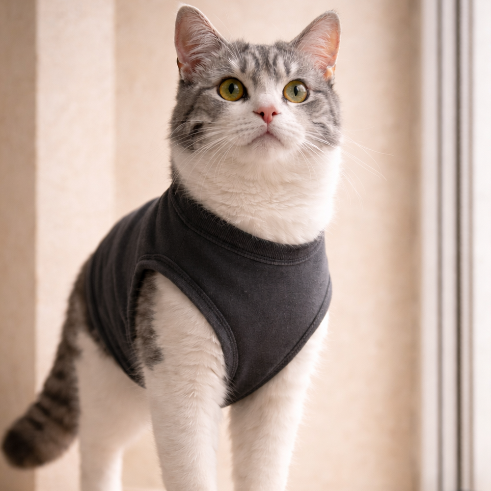 Cat wearing a charcoal grey t-shirt standing on a window sill.