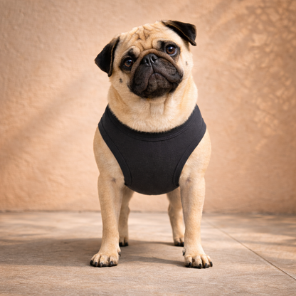 Pug wearing a charcoal grey t-shirt standing on a wooden floor with a beige background