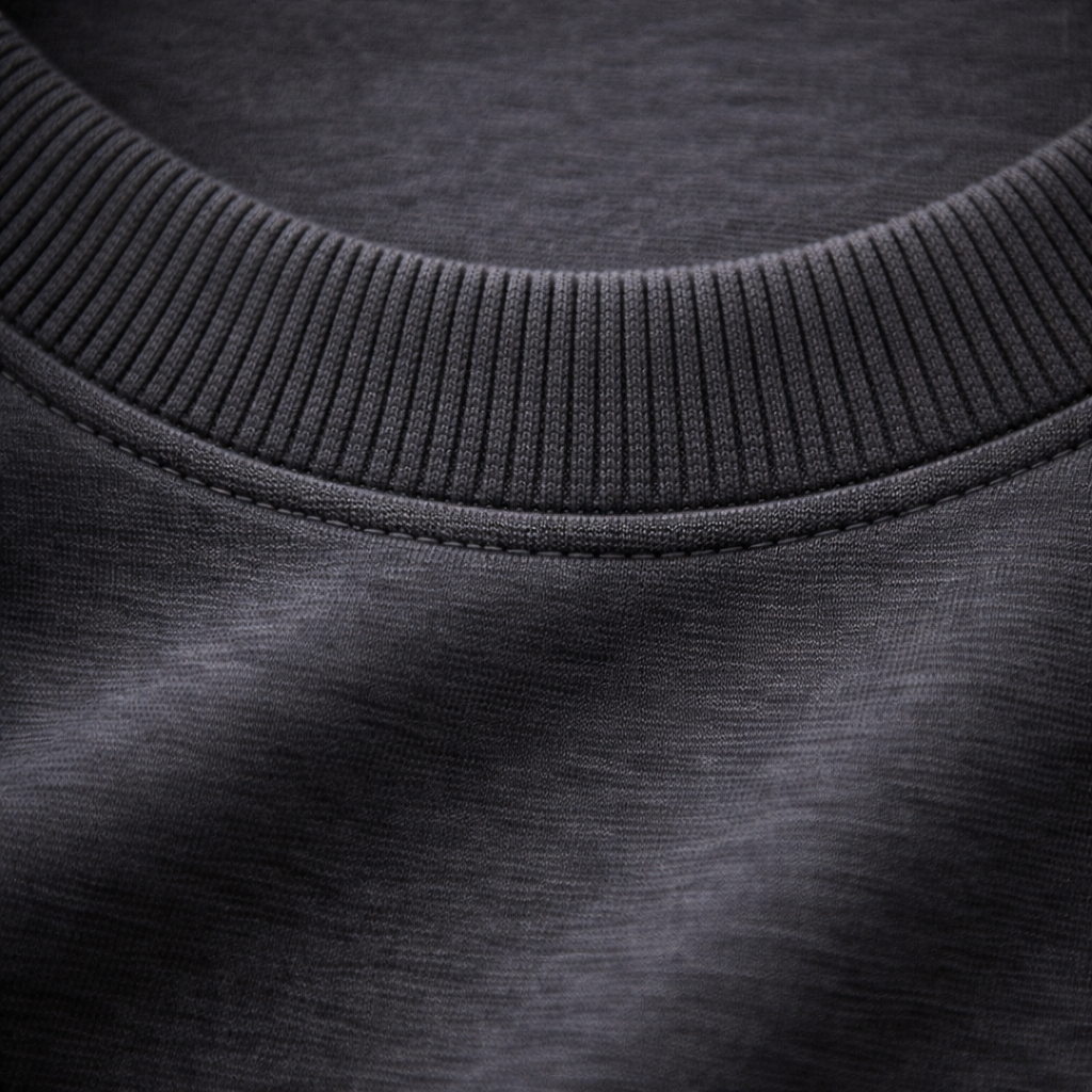 Close-up of a charcoal grey dog  t-shirt collar and fabric texture
