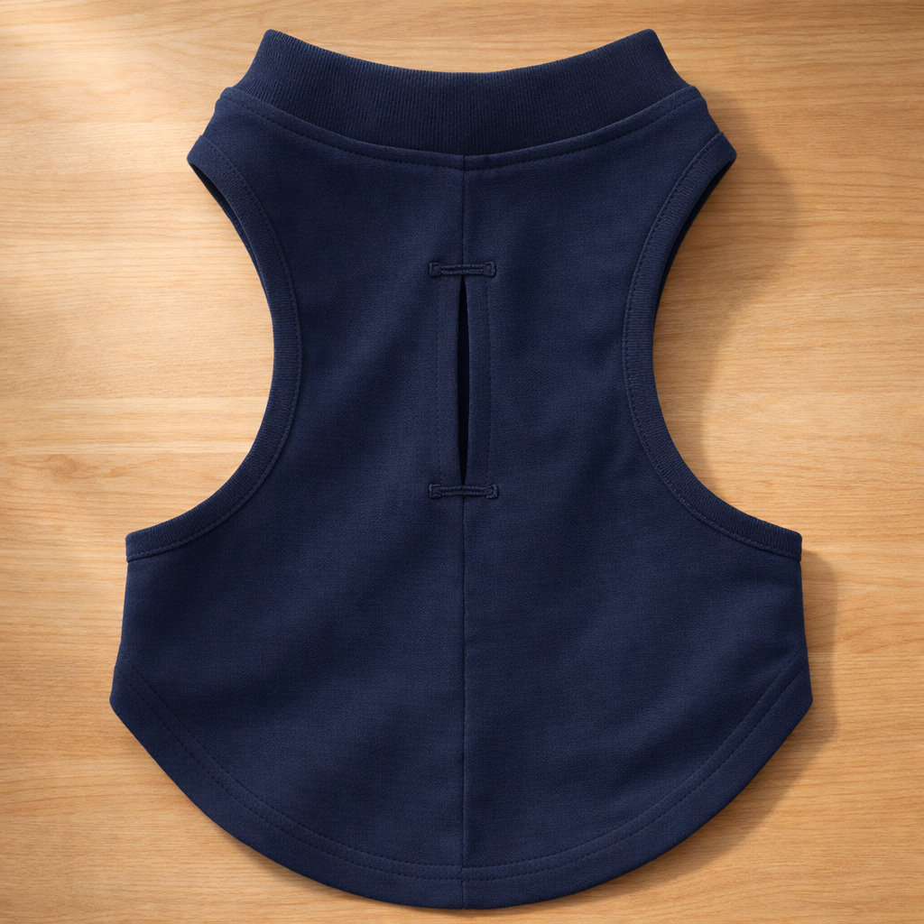 Navy blue dog vest on a wooden surface