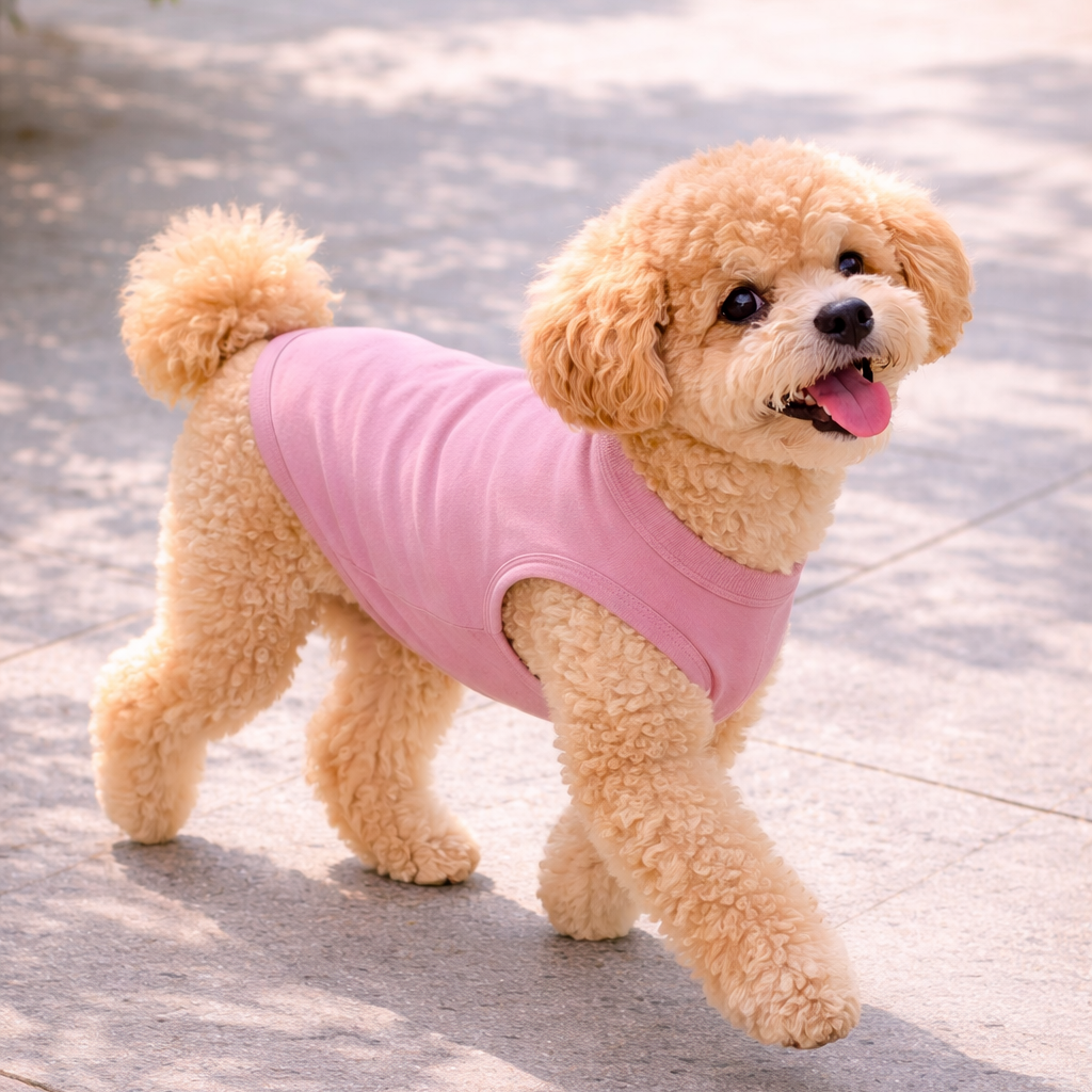Small dog wearing a pink shirt on a light background