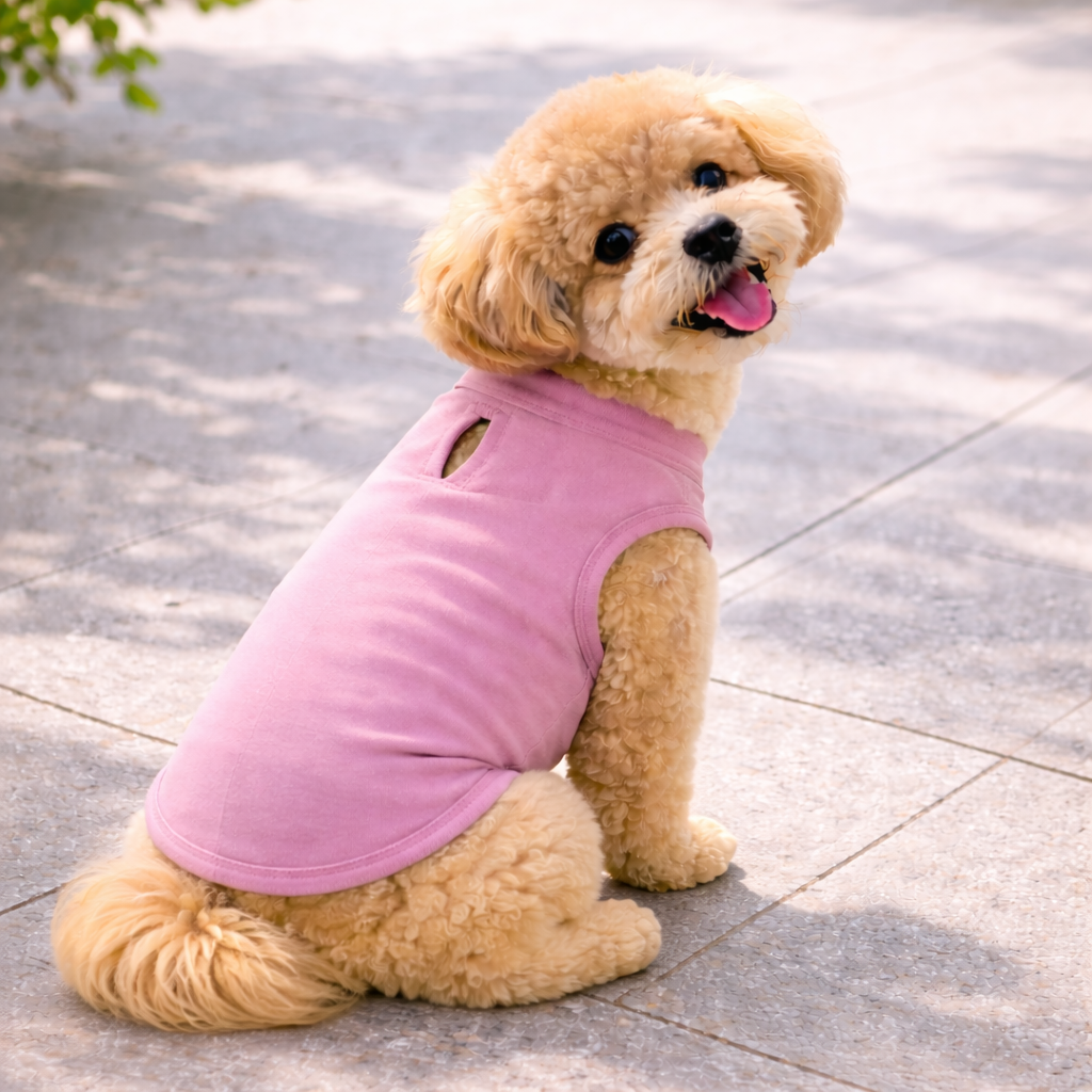 Small dog wearing a pink t shirt sitting on a tiled floor.