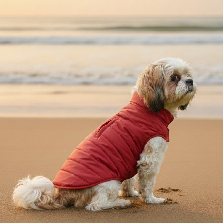Dog wearing a red coat on a sandy beach at sunset