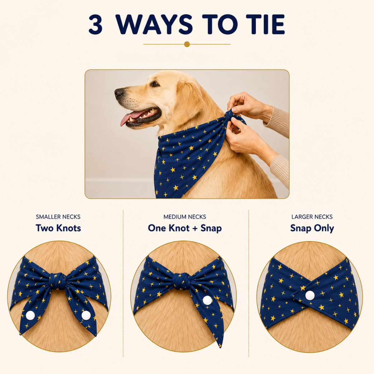 Instruction graphic titled '3 WAYS TO TIE' showing a golden retriever wearing a navy bandana with small gold stars, plus three circular close-ups explaining tie methods for smaller, medium, and larger necks.