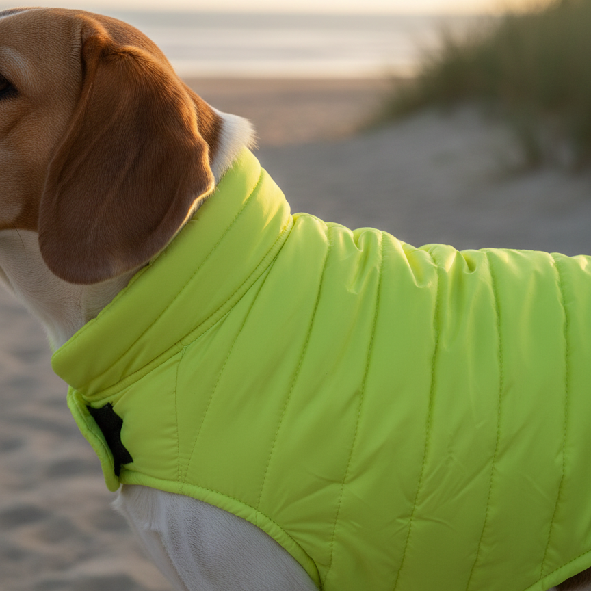 Dog wearing a bright yellow thermowrap jacket on a beach at sunset