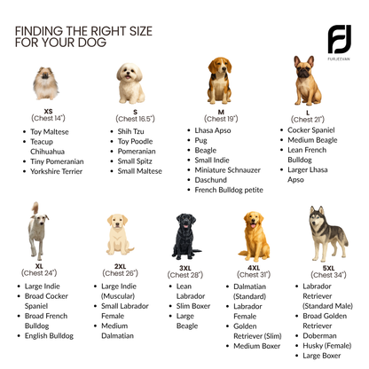 Dog T-shirt size chart by FurJeevan with images of dogs and corresponding sizes.