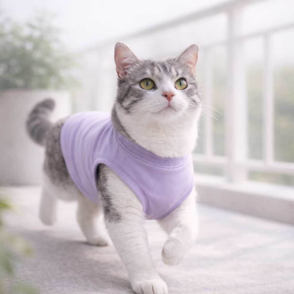 Soft Lavender Cat T-Shirt – Breathable Summer Wear for Cats | FurJeevan