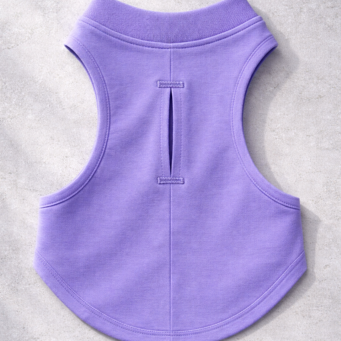 Soft Lavender sleeveless dog t-shirt on a gray background