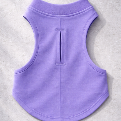 Soft Lavender sleeveless dog t-shirt on a gray background
