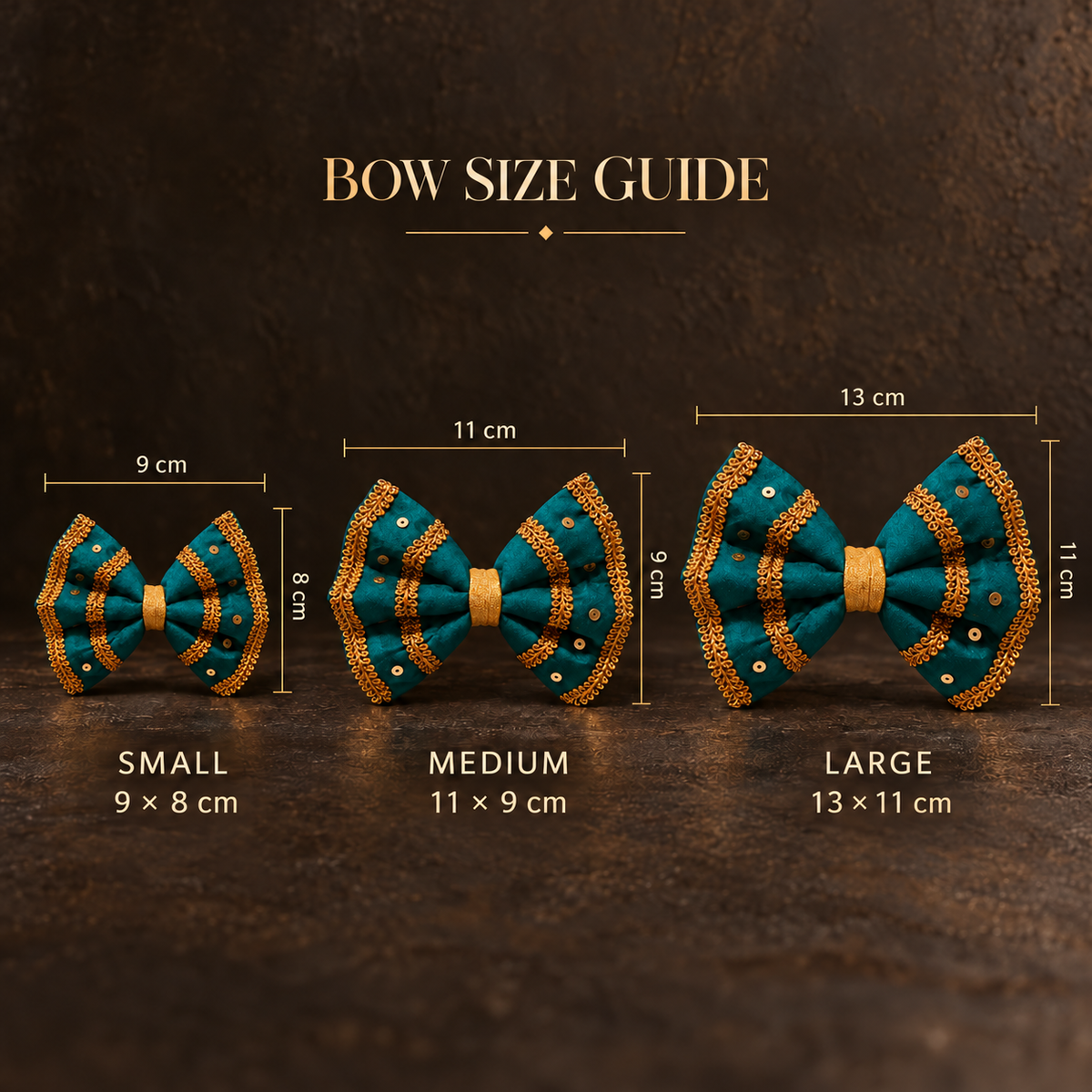 FurJeevan detachable dog bow size guide: Small 9 × 8 cm, Medium 11 × 9 cm and Large 13 × 11 cm.