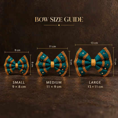 FurJeevan detachable dog bow size guide: Small 9 × 8 cm, Medium 11 × 9 cm and Large 13 × 11 cm.