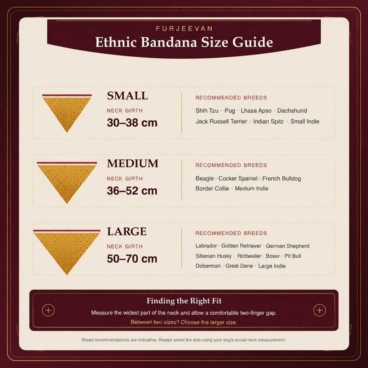 FurJeevan ethnic dog bandana size guide: Small fits neck girth 30–38 cm, Medium 36–52 cm and Large 50–70 cm. Between sizes, choose the larger size.