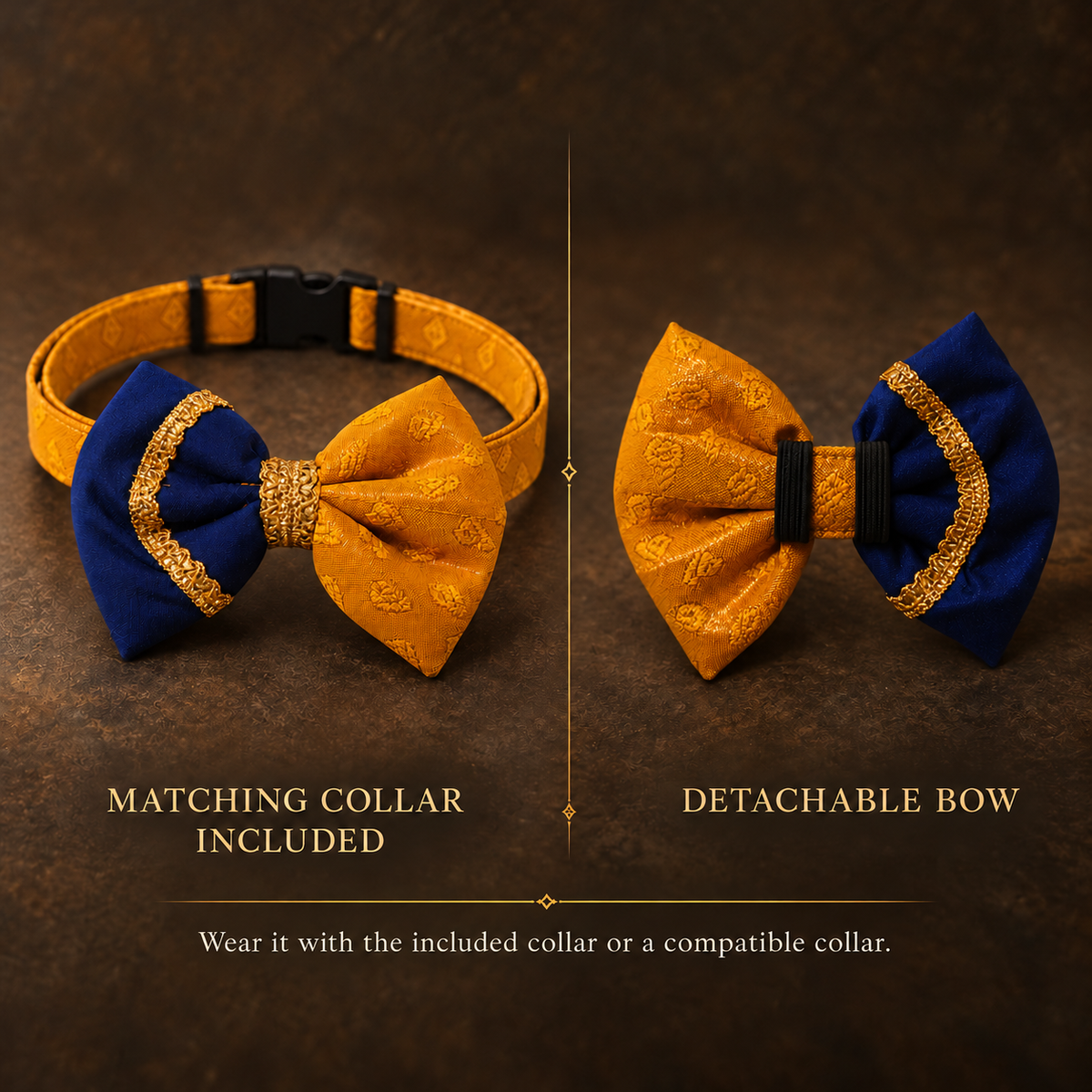 Kesari ethnic dog bow with matching collar and reverse view showing its detachable elastic loops.