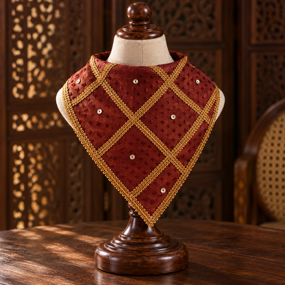 Maroon & Gold Ethnic Dog Bandana by FurJeevan, featuring woven jacquard, gold lattice trims and small sequin accents.