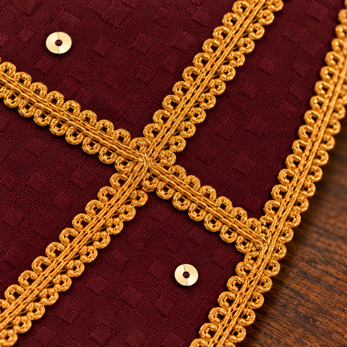 Close-up of gold braid detailing on FurJeevan’s Maroon & Gold Ethnic Dog Bandana, showing the intersecting trims and maroon jacquard weave.