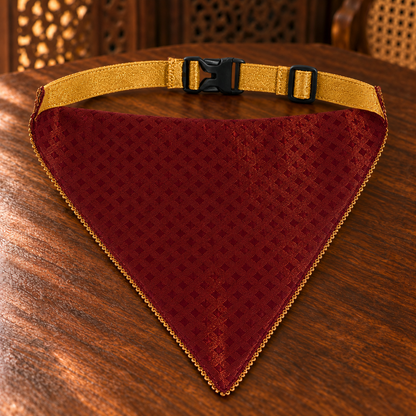 Reverse view of FurJeevan’s Maroon & Gold Ethnic Dog Bandana, showing maroon patterned fabric, gold neck strap and black side-release buckle.
