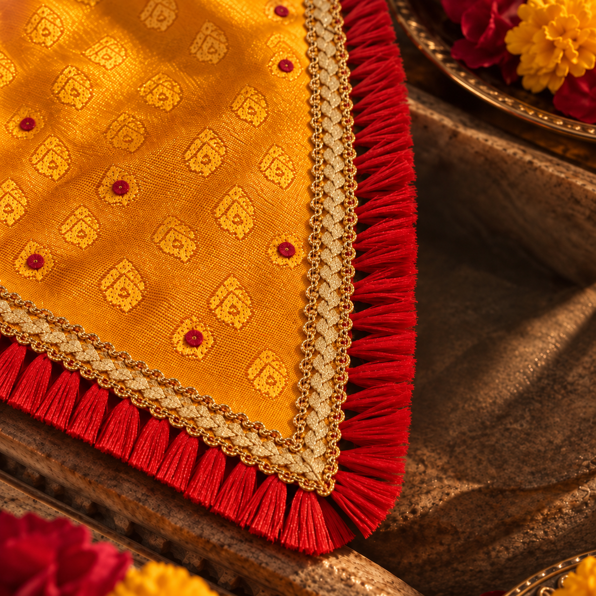 Close-up of mustard-yellow jacquard fabric with woven motifs, gold braid and red fringe on an ethnic dog bandana.
