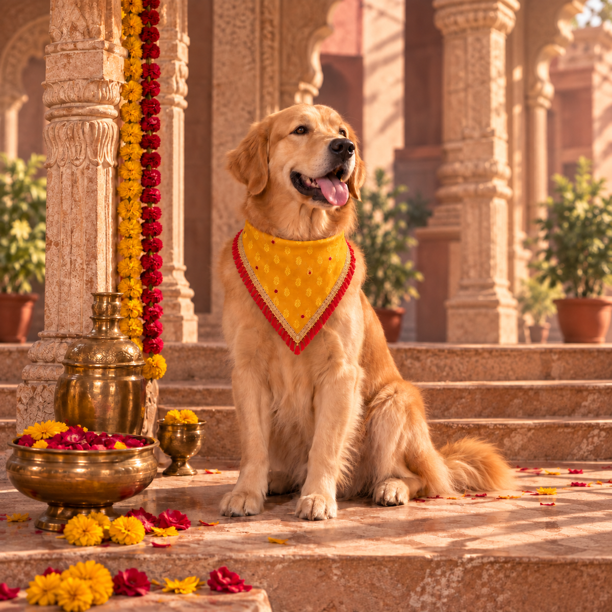 Golden Retriever wearing a mustard yellow and red ethnic dog bandana in an Indian celebration setting.
