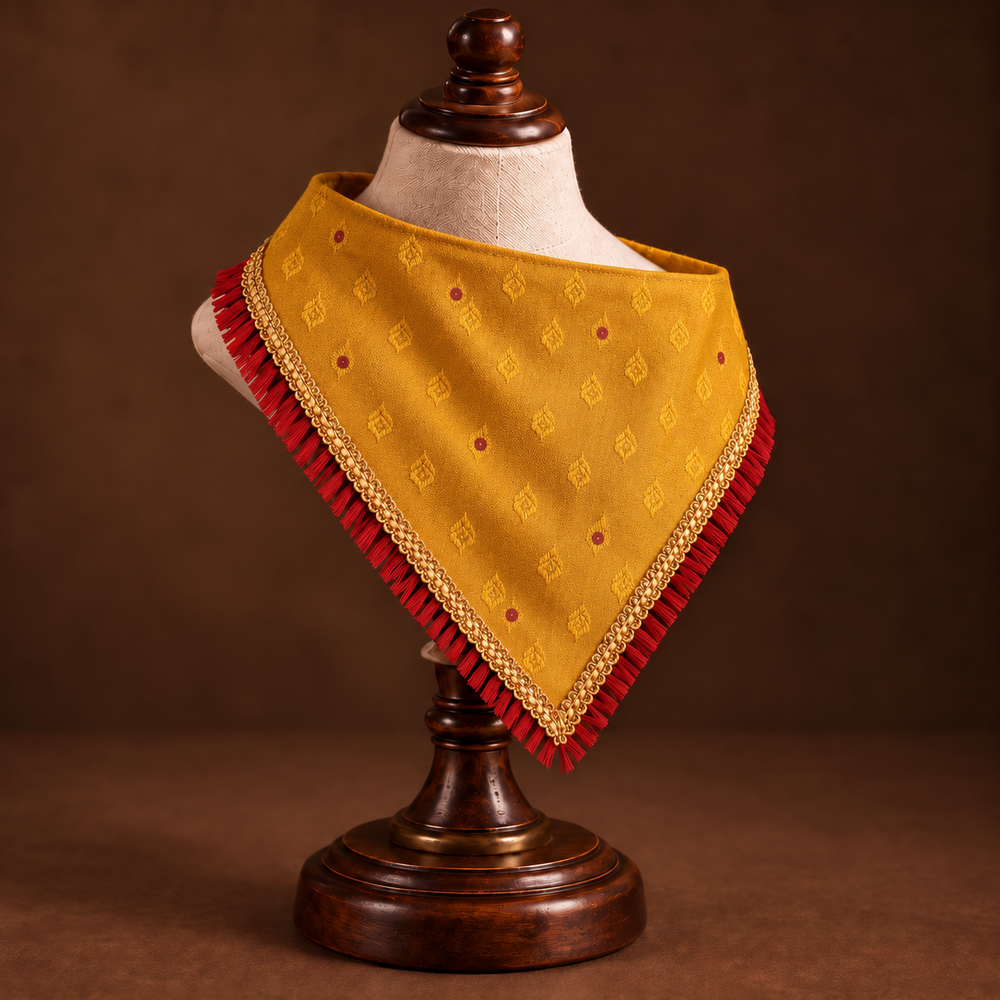 Mustard yellow and red ethnic dog bandana displayed on a wooden jewellery-style stand.
